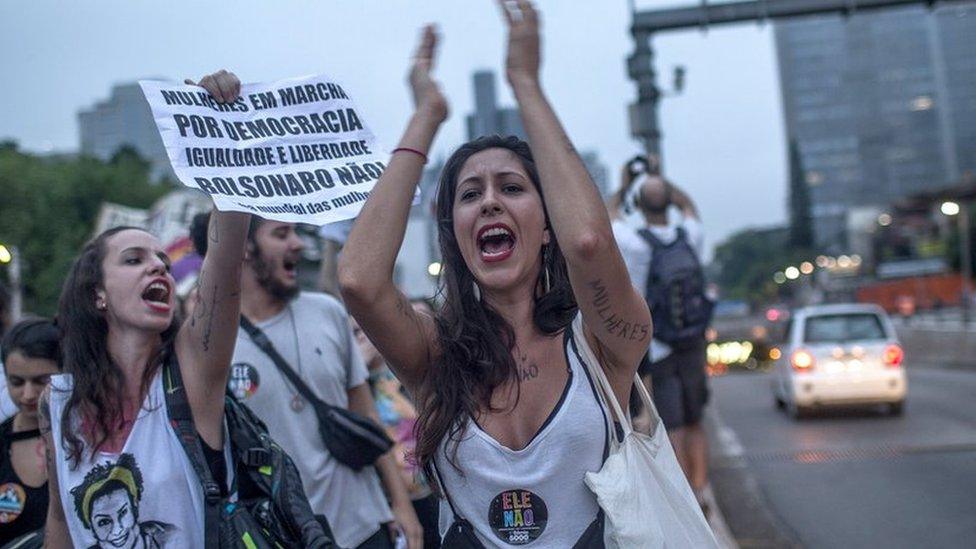 Women protest against Jair Bolsonaro in Sao Paolo, 29 September 2018