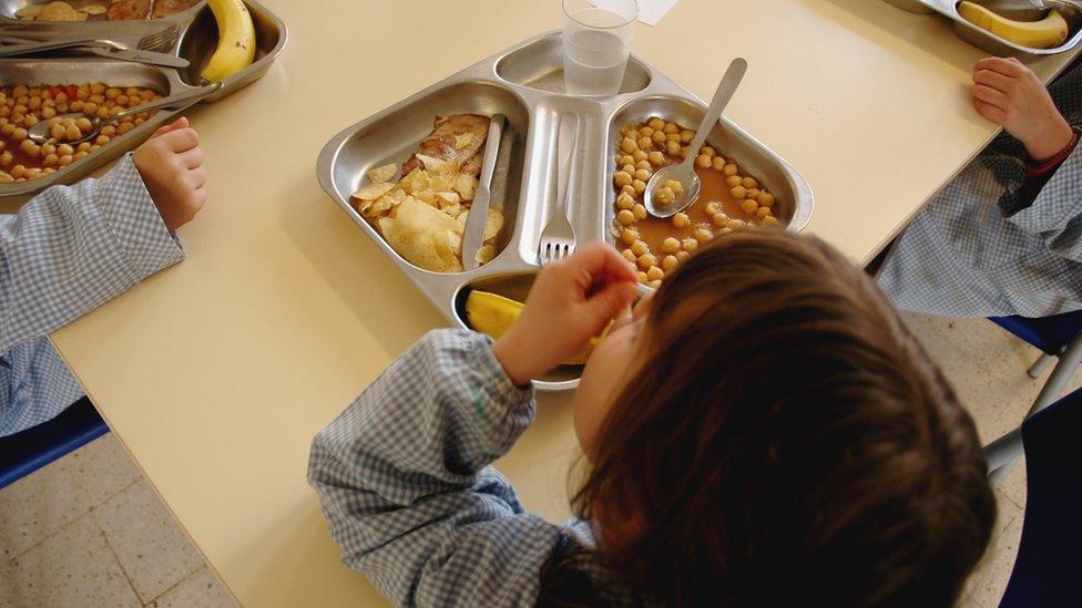 Children eating canteen food in a school hall