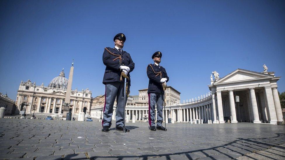 A view of the deserted St. Peter's Square during Easter Sunday Mass behind closed doors in St. Peter's Basilica