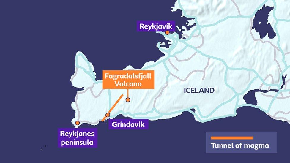 map shows the reykjanes peninsula in iceland including the location of the fagradalsfjall volcano and the capital city of reykjavik