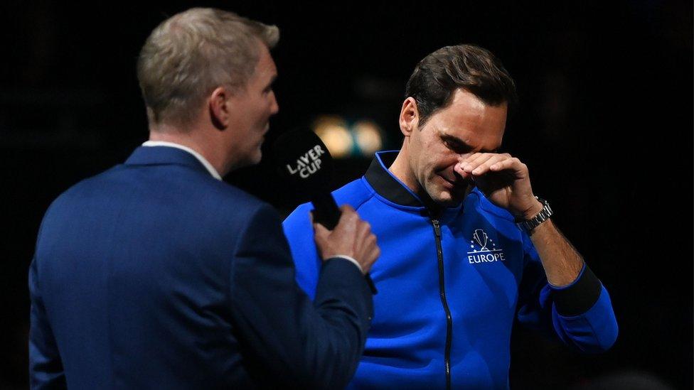 Roger Federer being interviewed at the end of the match