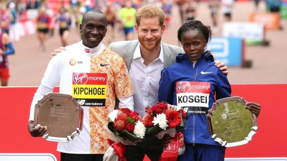 Prince Harry presented Eliud Kipchoge and Brigid Kosgei with their medals