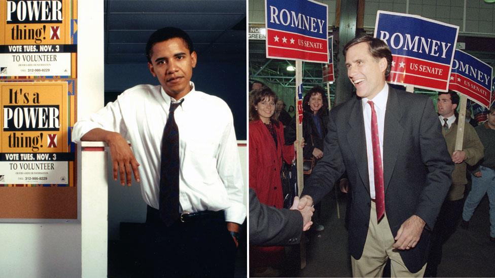 Barack Obama on a voter registration drive in Chicago in 1992 (l); Mitt Romney campaigning for a Senate seat in 1994 (r)