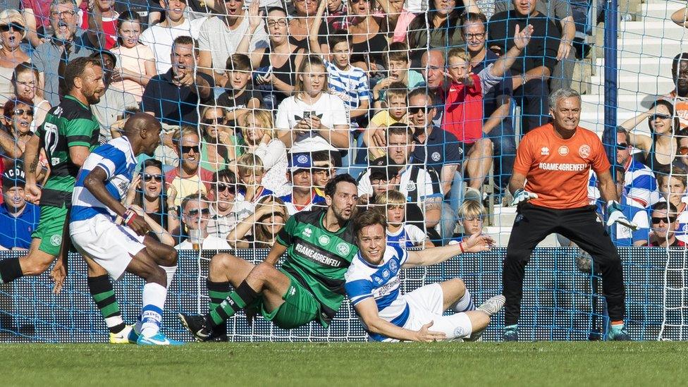 Ralf Little, Olly Murs and Jose Mourinho during the Game4Grenfell match