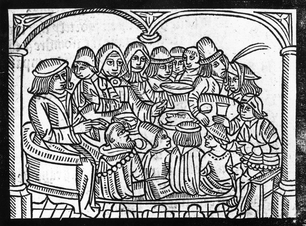 The pilgrims assemble at the Tabard Inn in Southwark in a scene from "The Canterbury Tales" by Geoffrey Chaucer