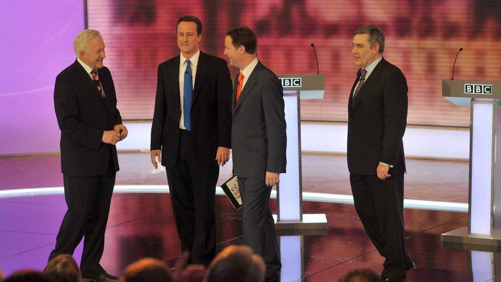 'I agree with Nick': David Dimbleby with David Cameron, Nick Clegg and Gordon Brown