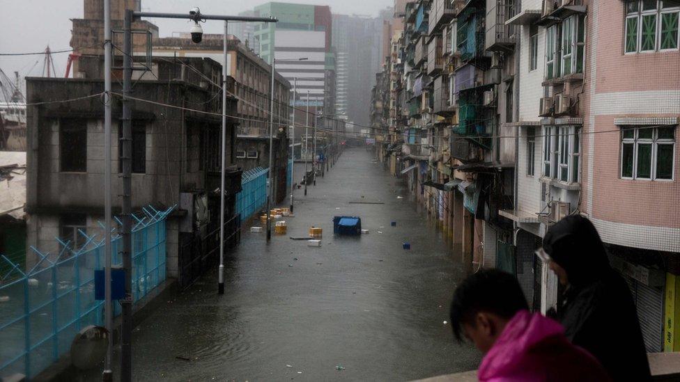 A street flooded by a storm surge during Super Typhoon Mangkhut in Macau on 16 September 2018.