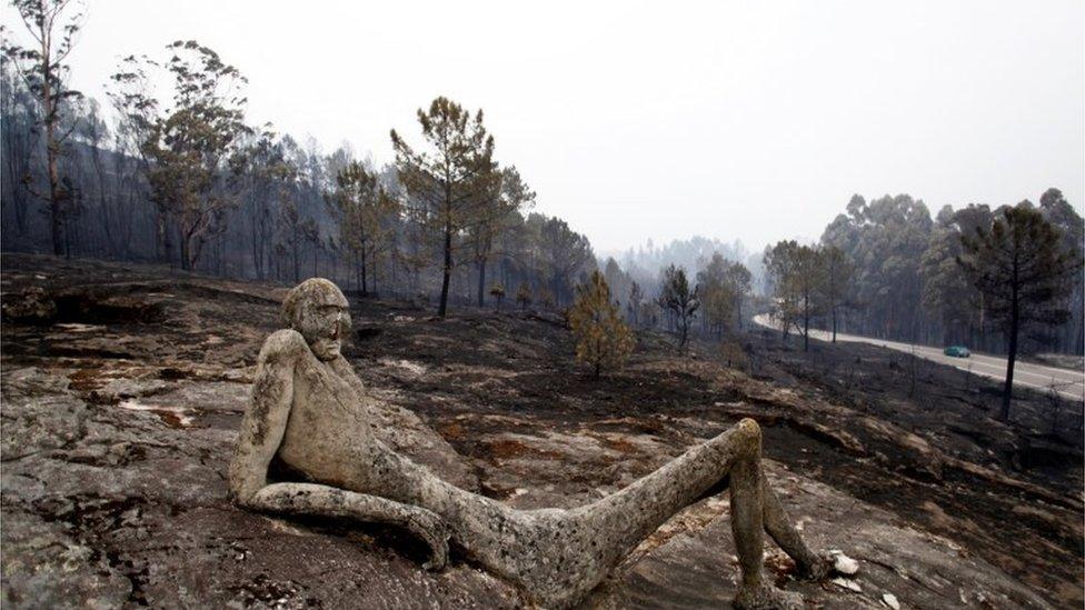 A burnt sculpture is seen after a forest fire in As Neves, Galicia, Spain, near the border with Portugal, 1