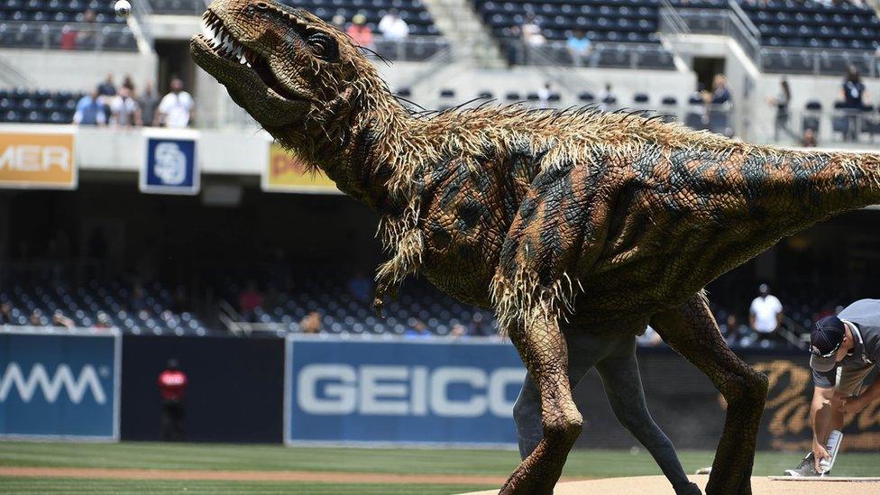 Dinosaur playing baseball