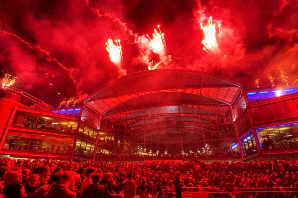 Fireworks launched from the roof of The Forum in Norwich