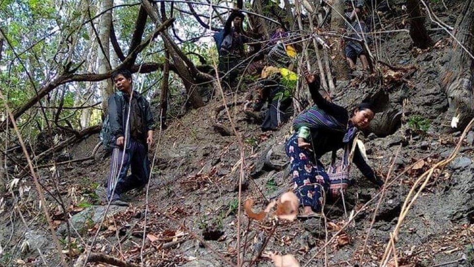 People displaced by fighting from Myanmar"s northwestern town of Mindat are pictured in Chin State