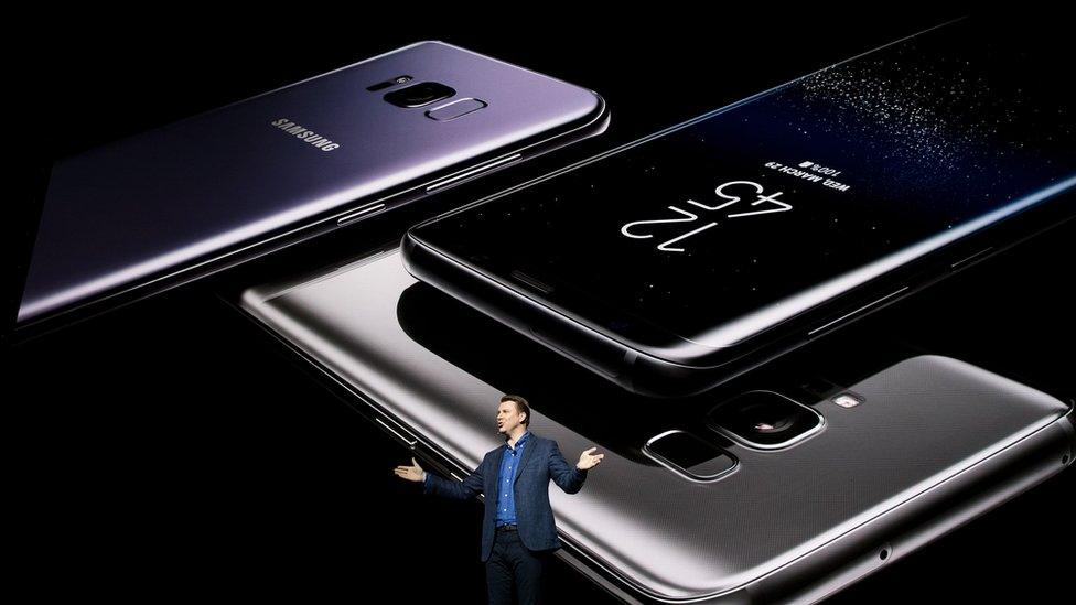 Justin Denison, senior vice president of product strategy at Samsung, speaks about the new features on the Samsung Galaxy S8 during a launch event for the smartphone, March 29, 2017 in New York City