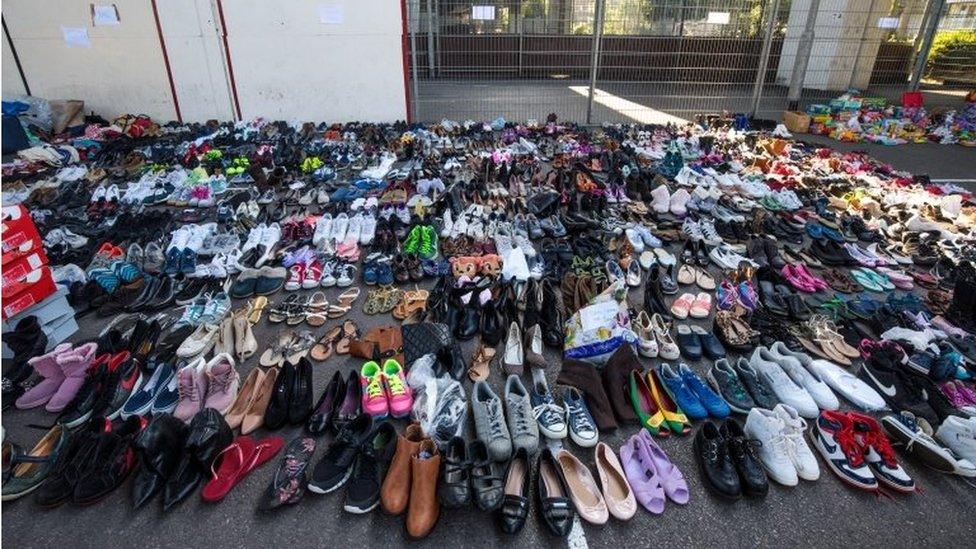 Shoes laid out in lines