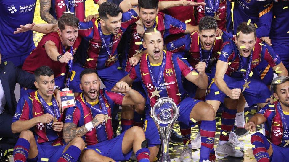 Barcelona celebrate winning the UEFA Futsal Champions League final