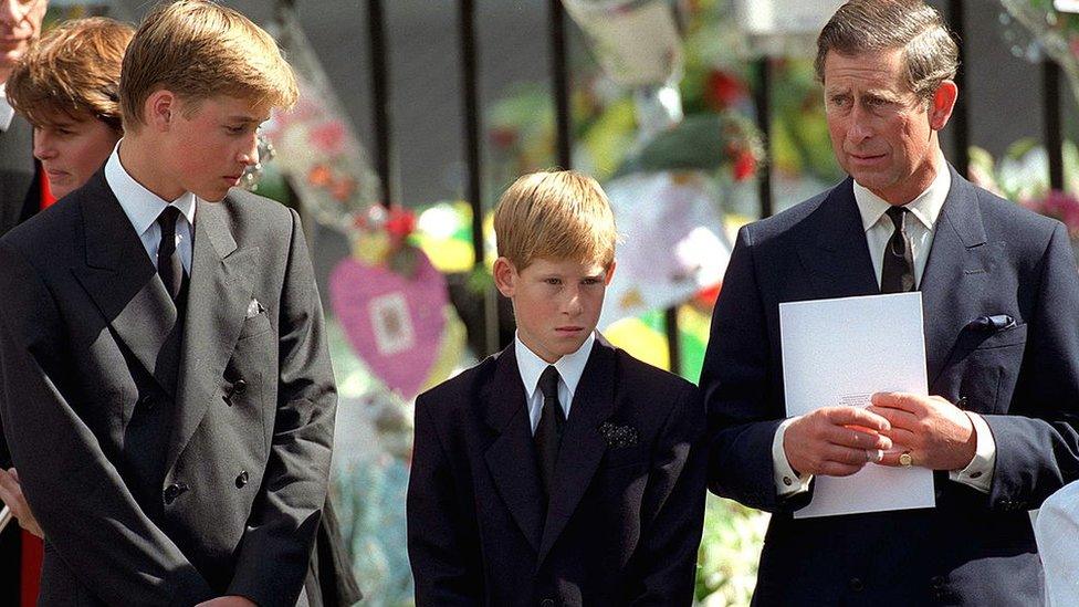 Prince Harry with his brother and father at Westminster Abbey for the funeral of Diana, Princess of Wales