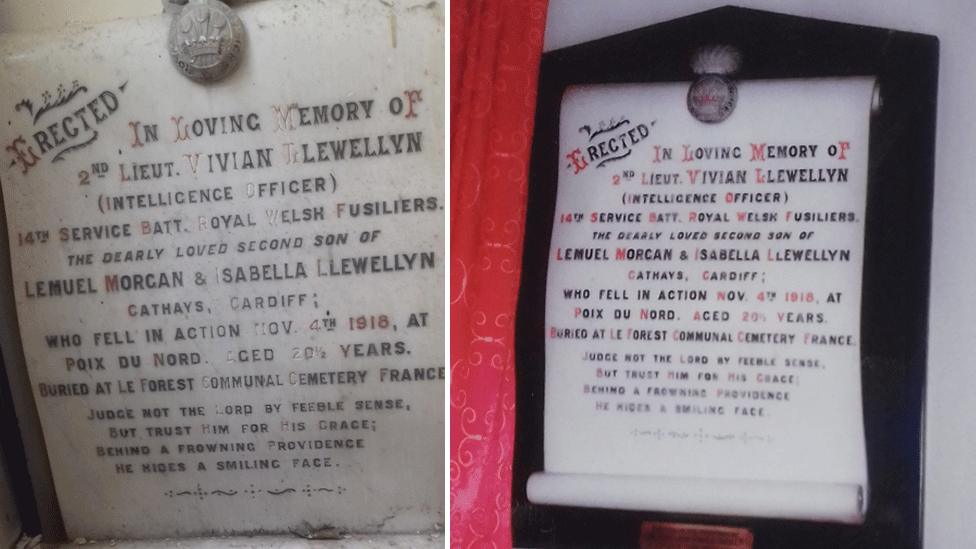 The memorial (left) after being rediscovered and when it was on the wall at Crwys Hall Presbyterian Church