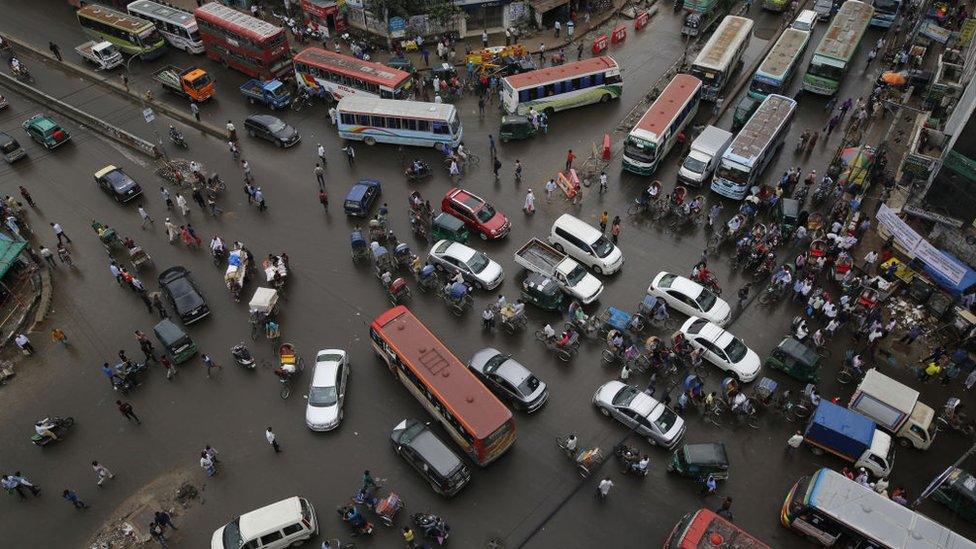 A traffic jam at an intersection in Dhaka, Bangladesh