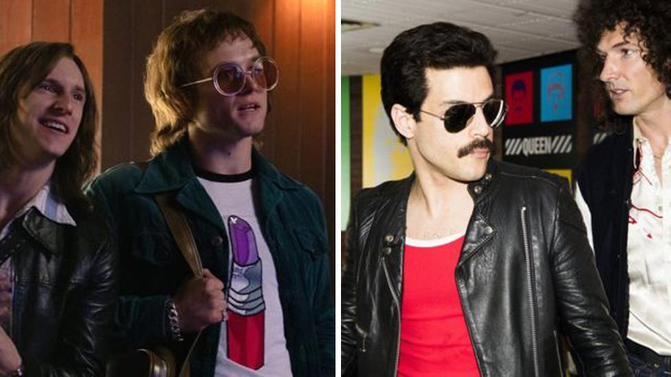 Taron Egerton in Rocketman and Rami Malek in Bohemian Rhapsody