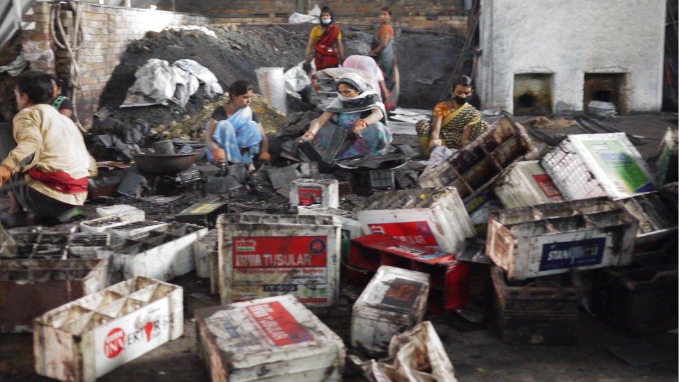 An informal battery recycling workshop in Bihar state of India