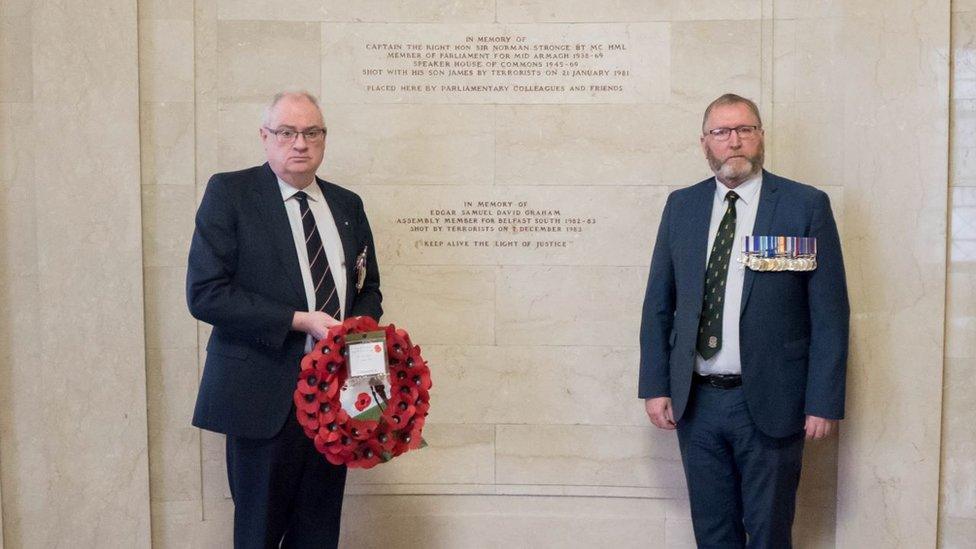 Steve Aiken and Doug Beattie laid a wreath under a memorial to Sir Norman at Stormont