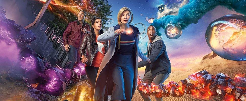 Jodie Whittaker as The Doctor with (left to right) Bradley Walsh as Graham, Mandip Gill as Yaz and Tosin Cole as Ryan