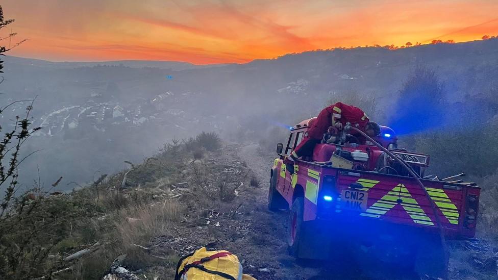 Fire truck overlooking Machen mountain