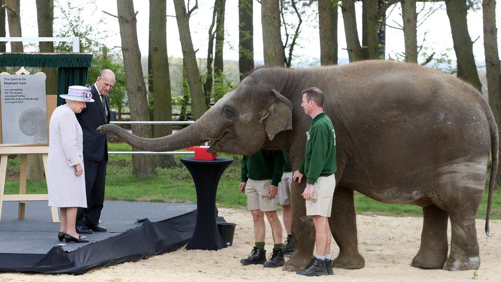 The Queen, accompanied by the Duke of Edinburgh, opens an elephant centre at Whipsnade Zoo