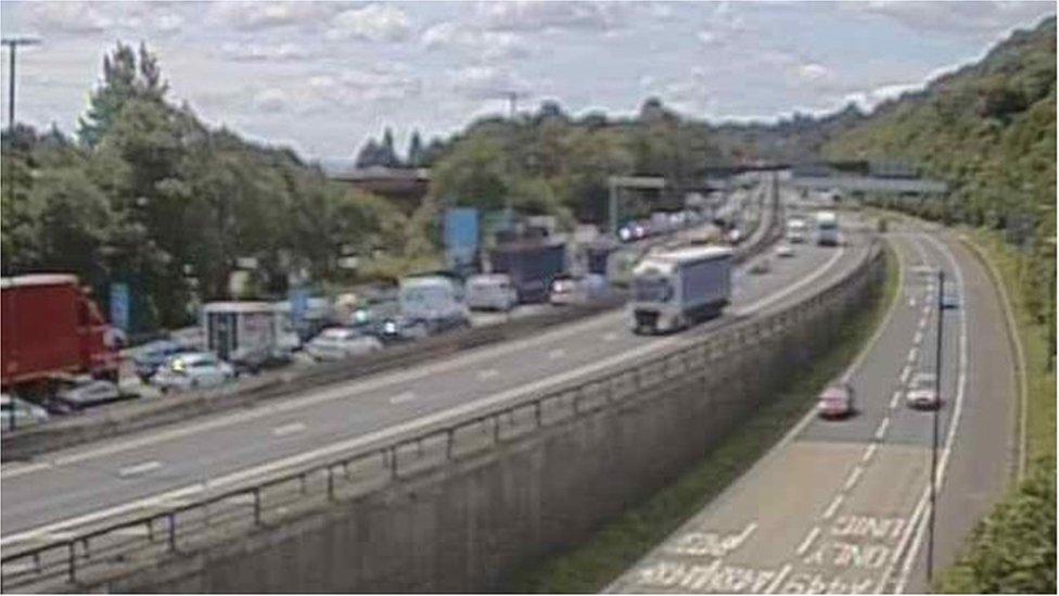 traffic is queuing on the slip road leading to the Coldra in Newport