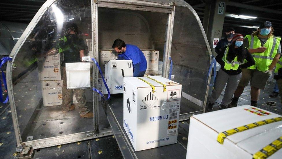 Boxes containing Pfizer's vaccine are unloaded from air shipping containers at UPS Worldport, in Louisville, Kentucky