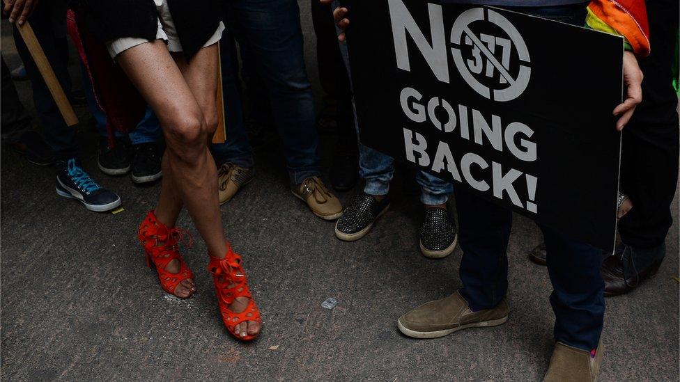 Indian members of the lesbian, gay, bisexual and transgender (LGBT) community attend a protest in New Delhi on January 31, 2016.