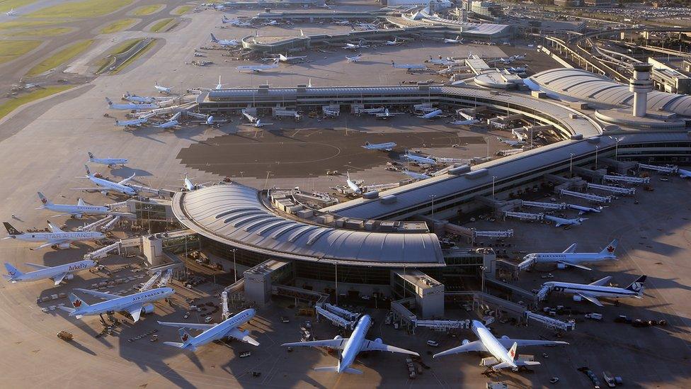 An aerial view of the Lester B. Pearson airport as photographed from an airplane on August 28, 2012 in Toronto, Canada