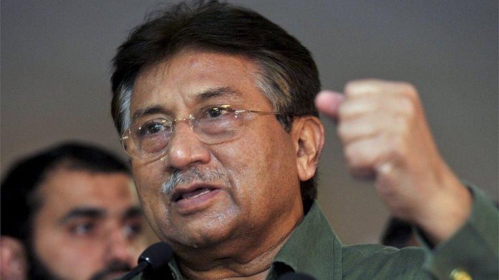 Former president of Pakistan Pervez Musharraf gestures during a news conference in Dubai, in this file picture taken March 23, 2013.