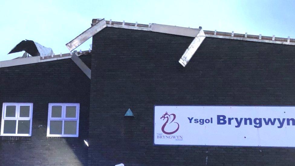 Damaged roof of Bryngwyn School, Llanelli