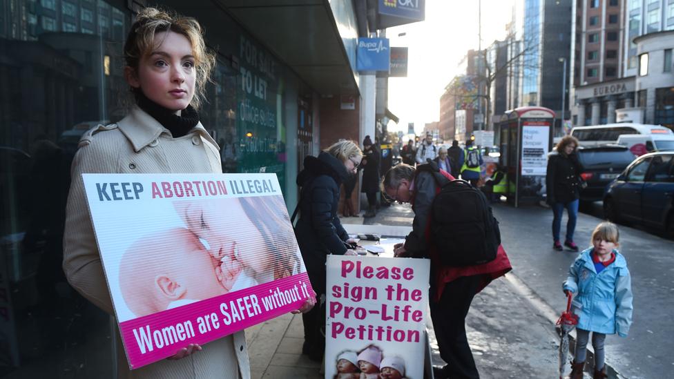 An anti-abortion activist outside the Marie Stopes Clinic in January 2016 in Belfast, Northern Ireland