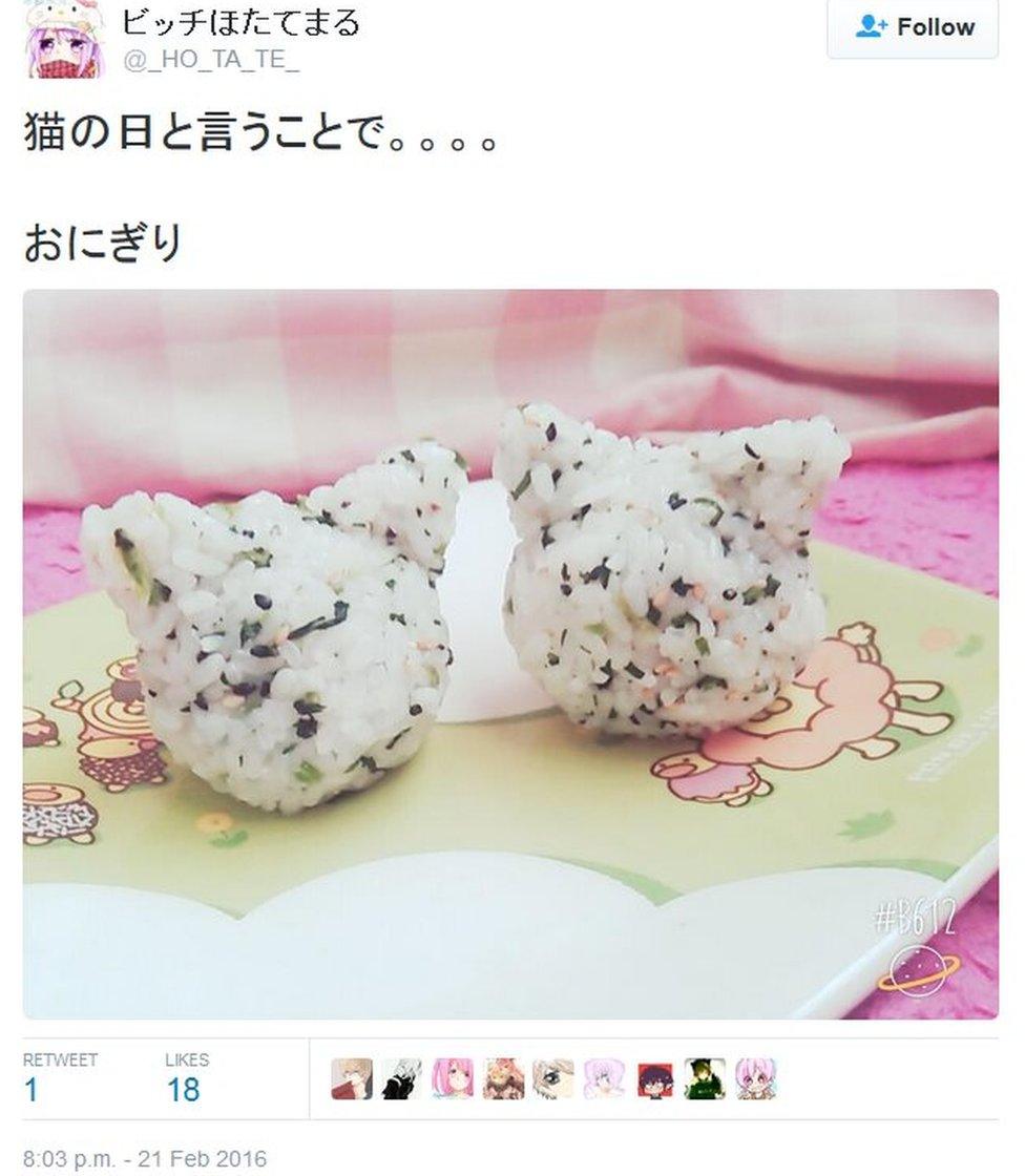 Tweet by @_HO_TA_TE_ on cat-shaped onigiri balls