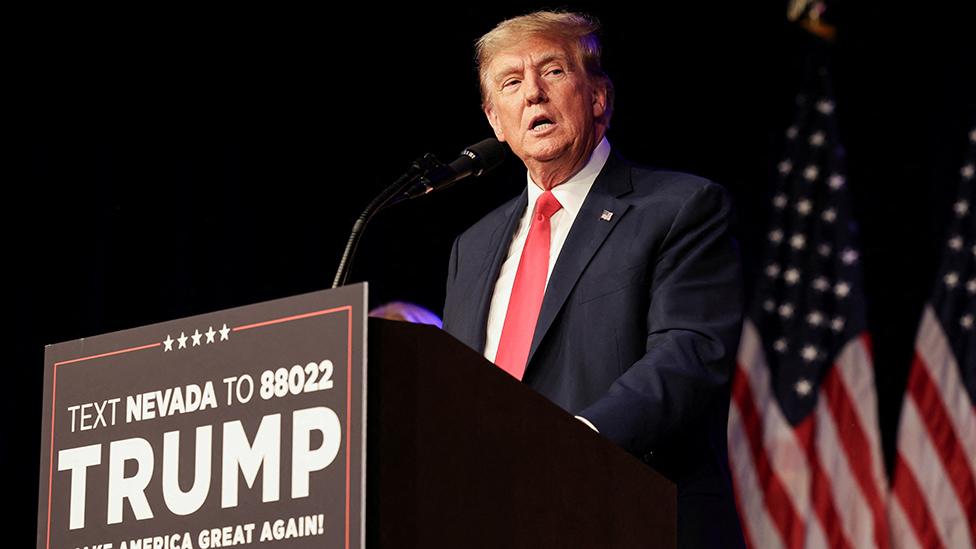 Donald Trump speaks into a microphone in Nevada on 8 February