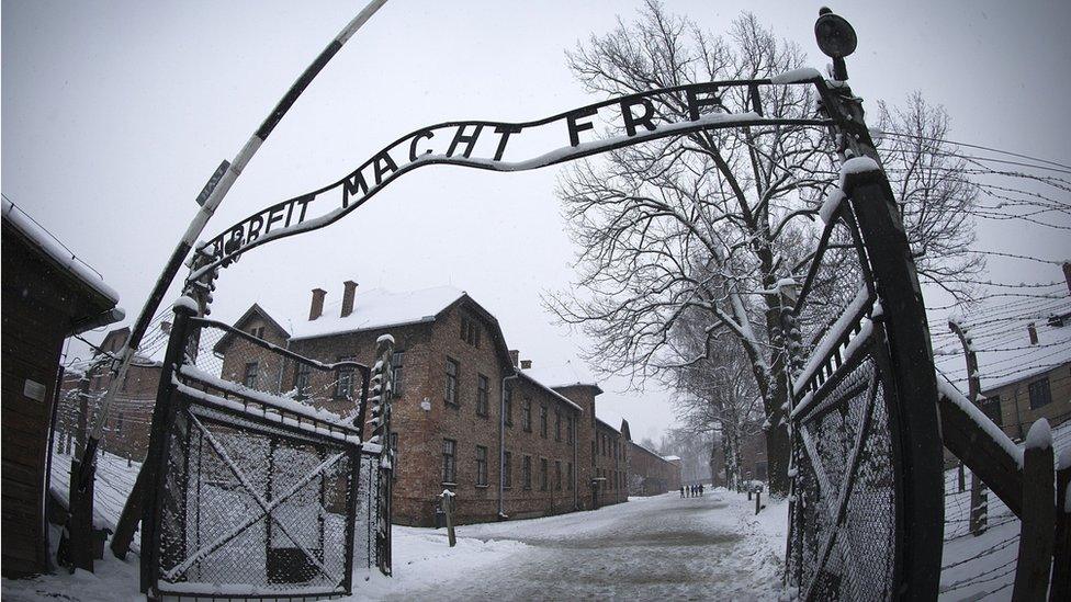 A view of the entry gate at Auschwitz