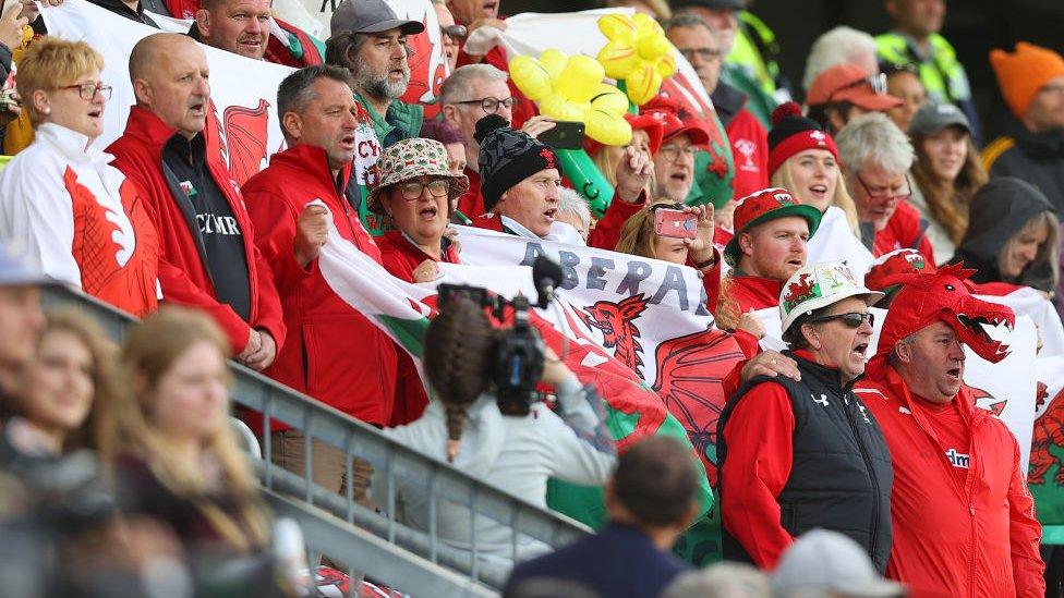 Welsh fans, in national colours and flags