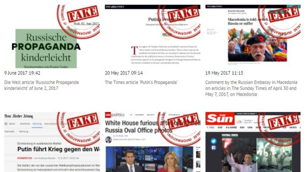 Screengrab from Russian foreign ministry website shows foreign news articles stamped with the word "Fake" in red