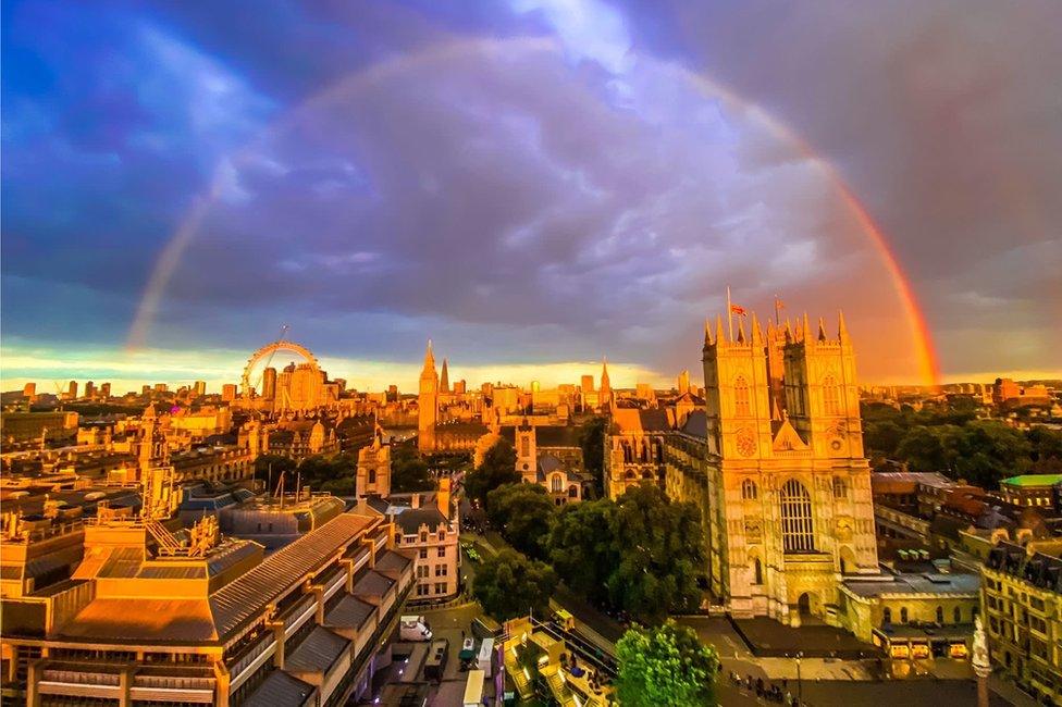 Rainbow over Westminster Abbey on eve of Queen's funeral