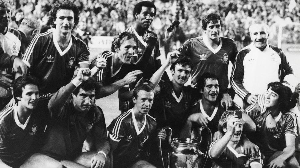 Nottingham Forest celebrate winning the European Cup with a 1-0 win over Hamburg in Madrid, 1980