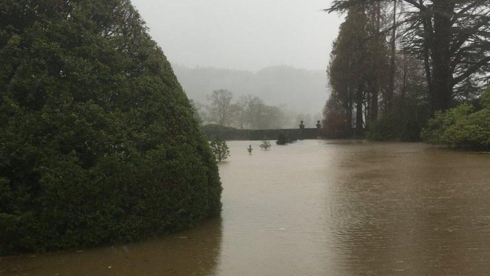 Flooded gardens at Gwydir Castle