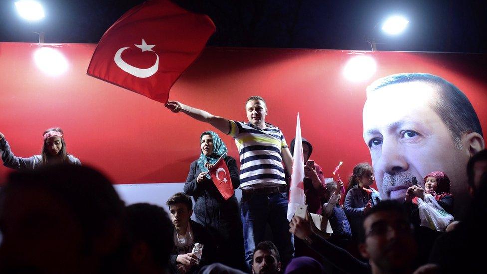 Supporters of Turkish President Tayyip Erdogan celebrate in Istanbul, Turkey, 16 April 2017