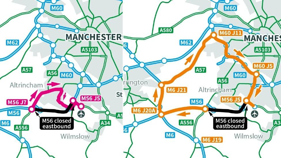 Maps of two diversions on the M56 to Manchester Airport - one through Altrincham and one via the M6, M60 and M56 westbound