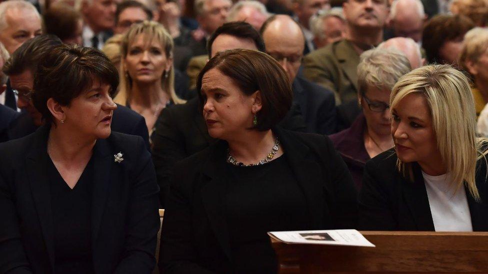 DUP leader Arlene Foster and Sinn Féin leader Mary Lou McDonald and Michelle O'Neill