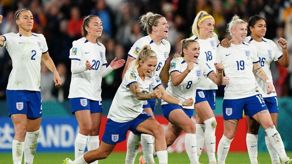 England celebrate at penalty shootout against Nigeria