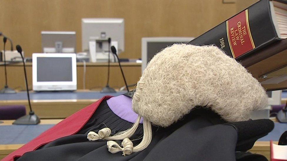 Barrister's wig and legal reference books in court