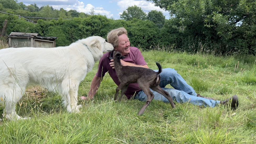 Steve with Milly and one of his two German Shepherd dogs