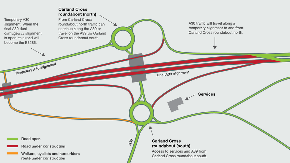 A map showing changes to Carland Cross