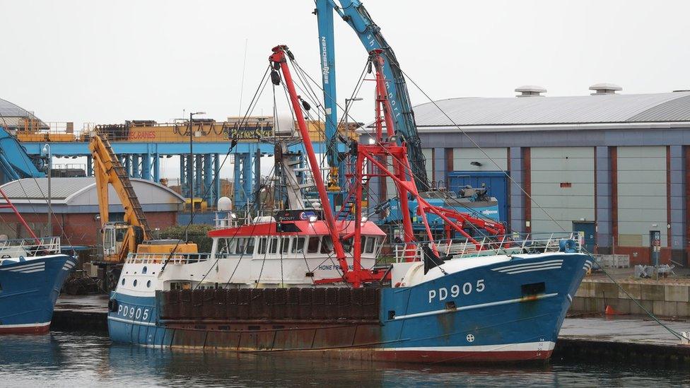 The Honeybourne 3, a Scottish scallop dredger, docked in West Sussex